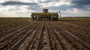 Máquina agrícola realiza o plantio de soja em uma lavoura de Mato Grosso no início da safra 2026/27