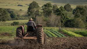 Trator prepara o solo de uma pequena propriedade rural em Bagé para o cultivo de hortaliças.