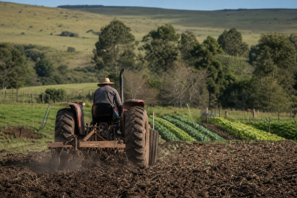 Trator prepara o solo de uma pequena propriedade rural em Bagé para o cultivo de hortaliças.