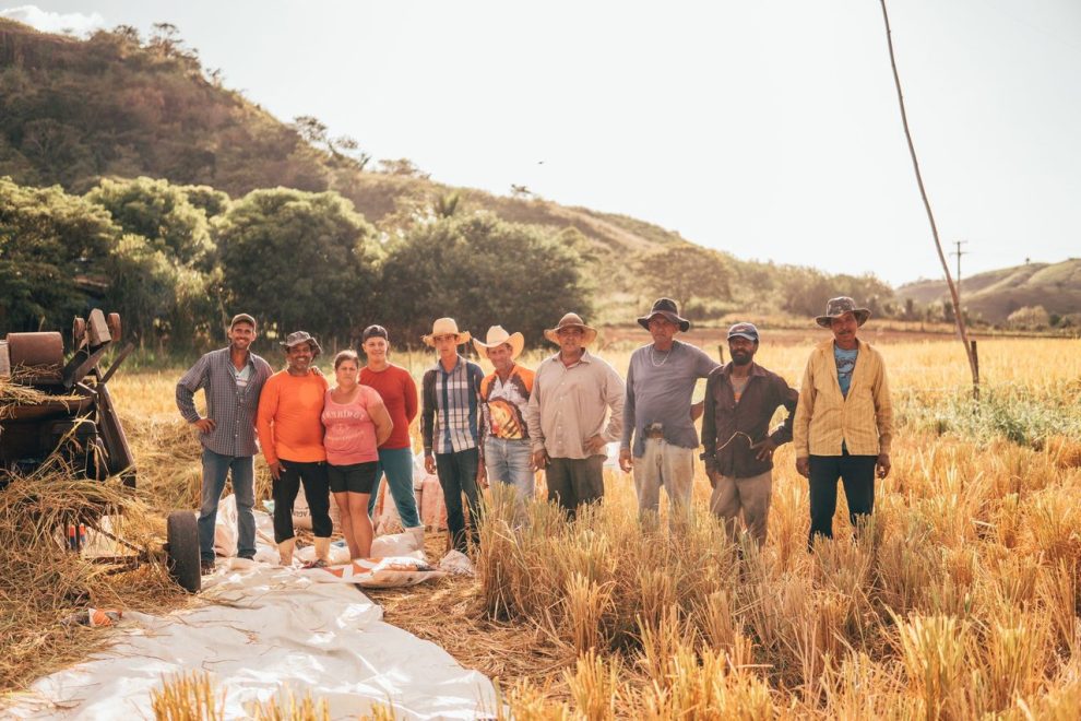 Grupo diverso de agricultores reunido em um campo iluminado pelo sol.